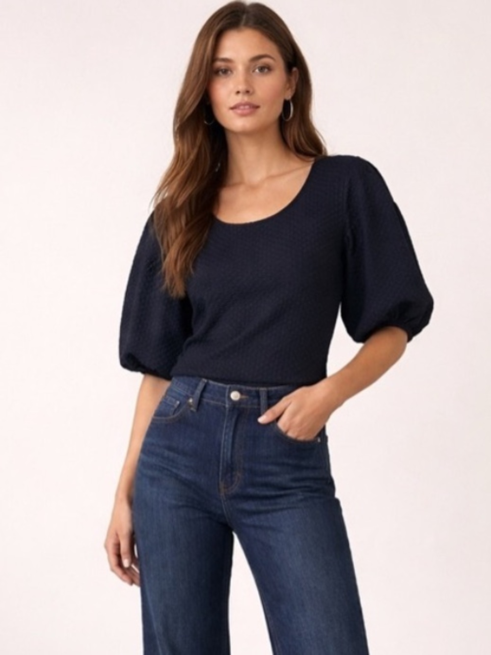 Postmark by Anthropologie Black Textured Puff Sleeve Top Size Small